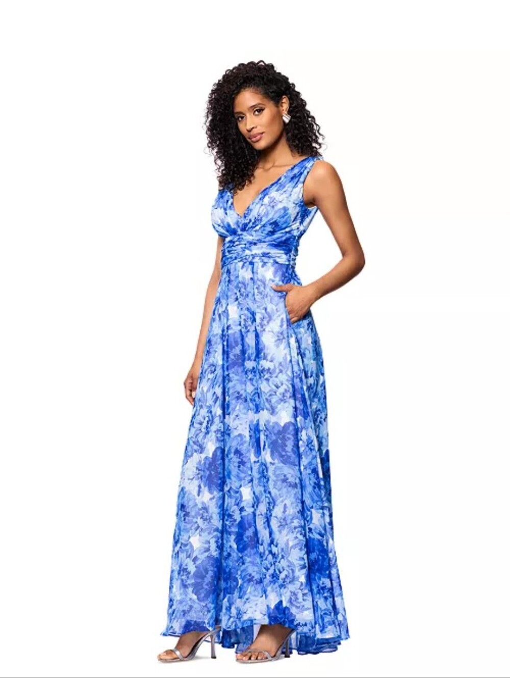 NWT Betsy & Adam Blue Floral Chiffon V Neck Pleated Maxi Gown Dress 6 $259 - Picture 2 of 15